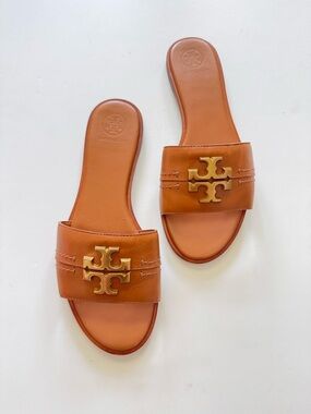 Tory Burch Everly CalfLeather Slide Sandals in Tan with Gold Logo size 8